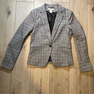 H&M Plaid Classic‎ Checkered Blazer Gray 8 One Button Plaid Jacket